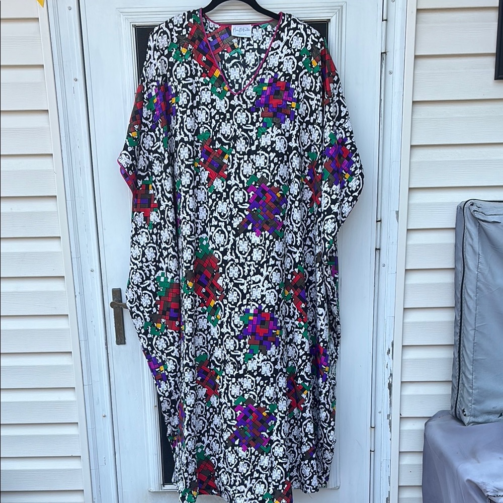 Mary McFadden Colorful Patterned Kaftan Dress-one size-VINTAGE